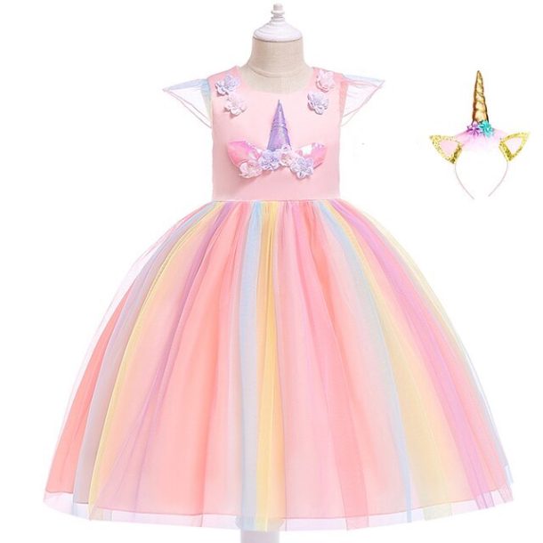 Girls Pink Unicorn Dress with Headband