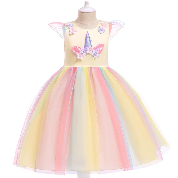 Girls Yellow Unicorn Dress with Headband - Image 2